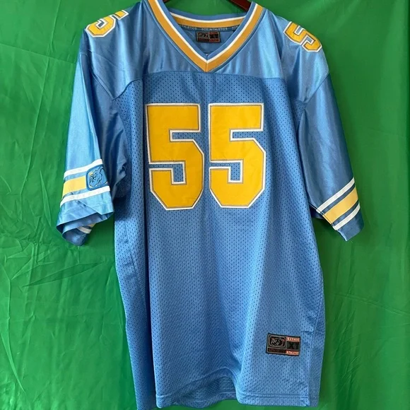 Football jersey, adult size large, light blue with yellow and white trim - Picture 1 of 8